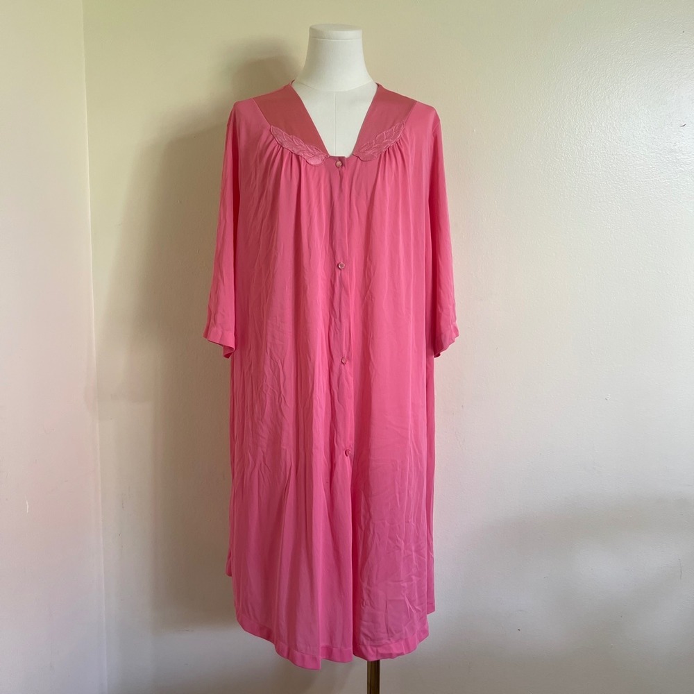 Vassarette Vintage Pink Button Front Nightgown Robe Satin Trim XXL Made in USA